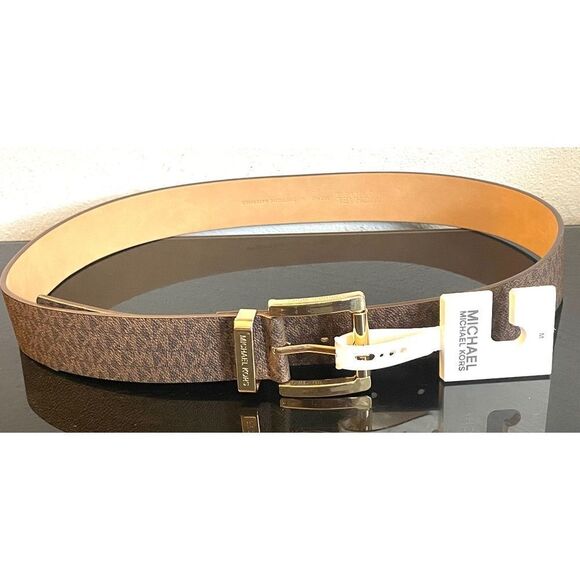 New MICHAEL KORS MK Logo Signature Square Gold Buckle Chocolate Belt Size M - Picture 2 of 6